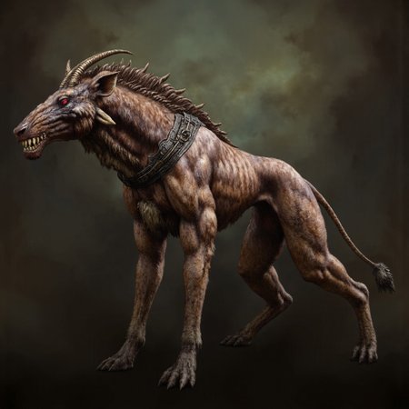 first person pov, 3D01S, simple background atmospheric and powerful dark fantasy, natural organic and first person pov of a 
a ferocious, quadrupedal beast with a hulking, sinewy frame that looks like a blend between a lion, hyena, and prehistoric predator. Its body is covered in patchy, coarse fur, mottled with scar-like markings, and stretched taut over prominent muscles, giving it a grotesque, rugged appearance. Its elongated, almost grotesquely horse-like head sports a maw filled with oversized, jagged teeth that look designed for rending flesh, and its lips are pulled back in a perpetual snarl, exposing yellowed fangs. The creature’s glowing red eyes smolder with malevolent intelligence, constantly scanning its surroundings for prey.
Its legs are stocky and end in cloven hooves, giving it a thunderous gallop, but its agility is uncanny for a creature of its bulk. The tail is long, sinewy, and whip-like, ending in a tuft of matted fur, adding to its predatory nature. Razor-sharp, bone-like ridges protrude slightly from its back, reinforcing the impression that this is a creature designed purely for combat and survival. It exudes a feral, almost supernatural aura, combining the ferocity of a predator with the calculated cunning of an apex hunter, a true monster of ancient nightmares.
UHD letterboxed game trailer frame chromatic aberration dark atmosphere sharp masterpiece with a focus on the character, elden ring style, dark atmosphere, chromatic aberration