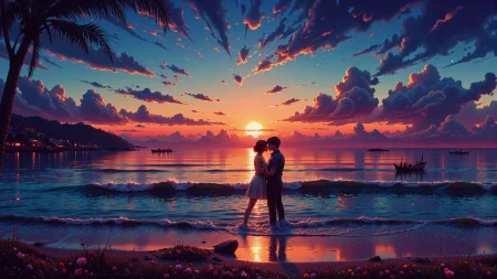 a romantic kiss on a beach at dawn beautiful  landscape, dusk, woman, very intricate, very detailed, sharp, bright, colorful, <lora:Hand v2:0.5> <lora:Anti-Blur:1><lora:Insane Detail Slider:0.25>  <lora:flux.1_lora_flyway_Epic-detail_v2:0.3> <lora:fluxenhancer:0.25> <lora:ck-Neon-Retrowave:0.4> ck-rw, in the style of ck-rw, <lora:Neurocore Anime Cyberpunk v2.0:0.8> <lora:neon-cyberpunk-alla-prima:0.4> mad-llprm