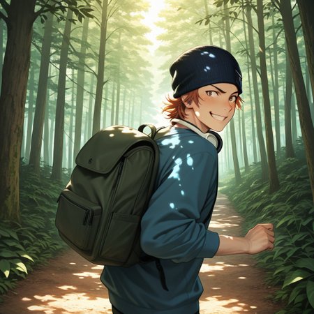 masterpiece, best quality, amazing quality, absurdres, newest, detailed background, definition so sharp, Ultra-HD, 8K cinematic, very awa, impressionate, amazing quality, highres, 
solo, male focus, manly, 
1boy, short hair, beanie, headphone around neck, misaki_orange hair, misaki_brown eyes, misakiyata, backpack, forest path, sunlight through trees, dappled light, sense of wonder, exploration, carefree, playful, running, looking back, mischievous grin,