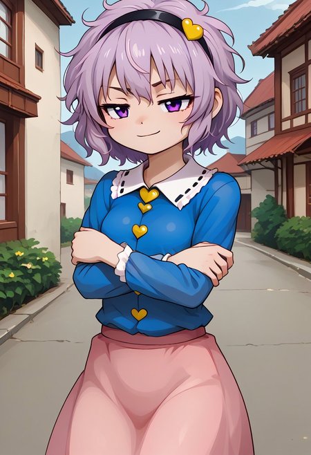 chibi, 
ZUN, parody, eyebrows, 
1girl, solo, 
komeiji satori, light purple eyes, light purple hair, messy hair, short hair, black hairband, blue shirt, pink skirt, 
curvy, 
small breasts, pale skin, 
crossed arms, 
smirk, 
half-closed eyes, 
outdoors, mansion,