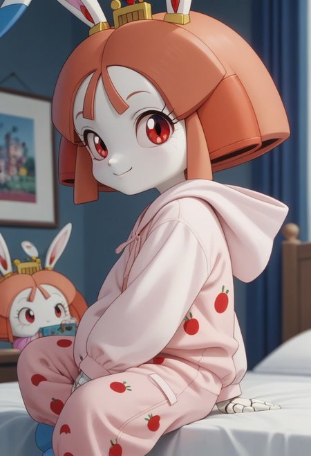 1girl, solo, (Tokugawa Usako, rabbit girl, white skin, ((android)), doll joints, petite), score_9, score_8_up, score_7_up, score_6_up, score_5_up, score_4_up, chibi, short legs, rabbit tall, looking at viewer, 3/4 side view, slightly smil, small breasts, thin waist, smile, red eyes, blurry background, out of focus, Expressiveh, looks at the viewer, jyojifuku, pajamas, baggy pajama pants,