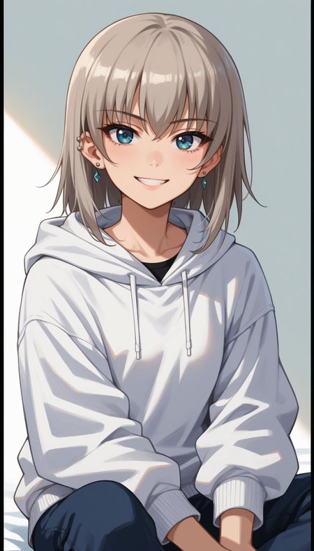 score_9, score_8_up, score_7_up, score_6_up, score_5_up, score_4_up, source_anime, border, ear piercing, earrings, eyebrows visible through hair, jacket, jewelry, looking at viewer, piercing, short hair, sitting, solo, stud earrings, white hoodie, smile, 
 <lora:GUPErika:0.7> , 1girl, itsumi erika, blue eyes, grey hair, long hair,
