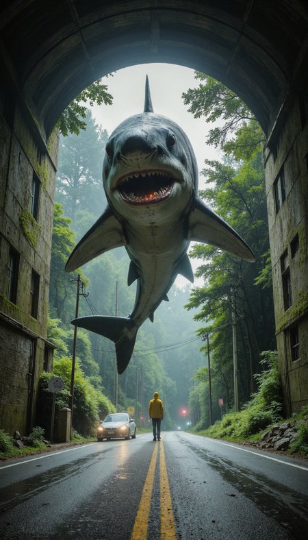 crayon,glow, A gargantuan great white shark, suspended mid-air, dominates the composition, dwarfing a lone figure in a yellow raincoat standing on a rain-slicked asphalt road. The shark, rendered with hyperrealistic precision, should possess a tangible heft, its shadowed underbelly hinting at immense power.  Employ a low angle shot, emphasizing the creature's scale against the constricted tunnel opening. The tunnel itself, composed of weathered concrete, frames a verdant, mist-wreathed forest, the diffused lighting lending an eerie tranquility. The overall palette should be muted, emphasizing greens and grays, enhancing the scene's unsettling serenity. The focus should be the palpable tension between the colossal shark and the diminutive human, their interaction â or lack thereof â remaining ambiguous. The final image should evoke a sense of surreal quietude, prompting the viewer to question the nature of reality within this liminal space.