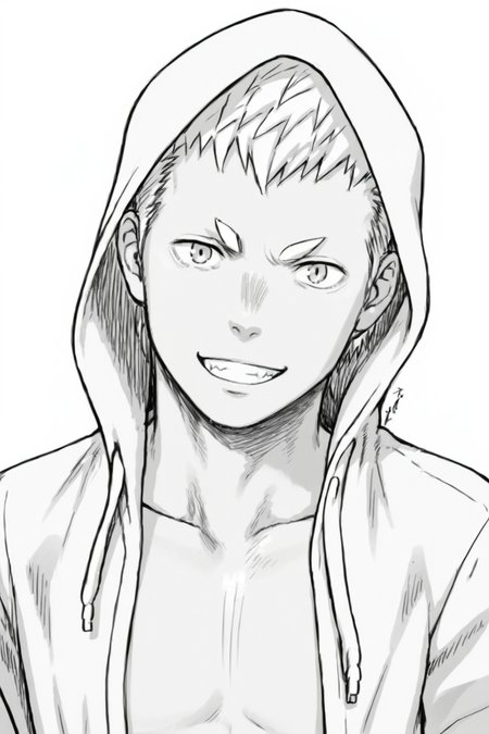 <lora:Hino:0.8>, 1boy, solo, Hino Ryuunosuke, hoodie, open clothes, open chest, grin, looking at viewer, simple background, thick eyebrows,  manga, grayscale,