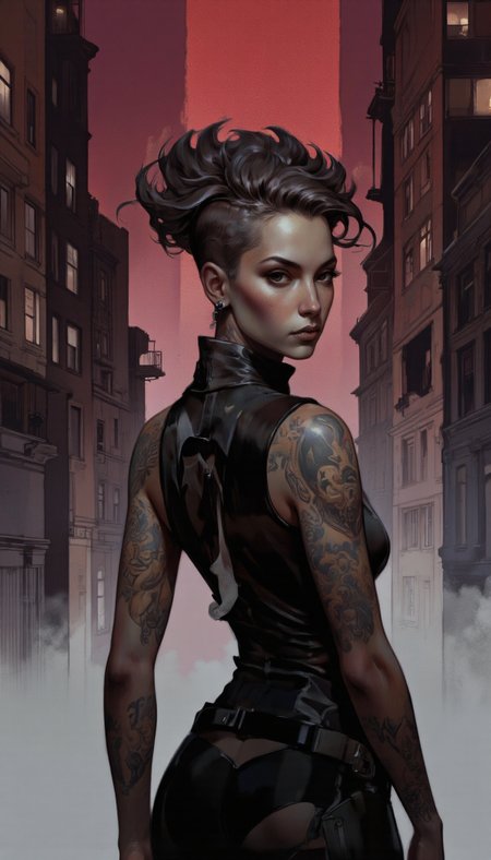 By JoFoGriGreToc. A digital illustration shoot from a profile camera angle about a stylized portrait of a woman with a unique hairstyle and tattoos, featuring a dark-skinned female with a shaved mohawk hairstyle, wearing a black outfit, standing in the middle of a cityscape with tall buildings and a misty atmosphere. the image also shows intricate tattoos on her arms and shoulders, including a skull-like mask and a pair of ear piercings. on the upper body of the image, a 1woman, who appears to be a young adult, is facing the viewer, looking at the viewer with a serious expression. she has short, dark hair styled in a side part and is wearing earrings. her body is slim, and she has a mole under her eye. she is wearing dark lipstick and has a serious look on her face. the lighting is dramatic, with a gradient of red and pink hues in the background, adding to the moody atmosphere of the scene.