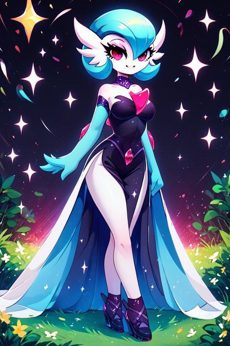 score_9, score_8_up, score_8, medium breasts, (curvy), cute, eyelashes,       BREAK, , zzshinygardevoir, dress, bare shoulders, medium breasts, standing, collarbone, black dress, gloves, elbow gloves, strapless dress <lora:Shiny_Mega_Gardevoir_PDXL:1.0>,     , BREAK, socks, big shoes, ,,, smile, looking at viewer, cowboy shot, ,,, embedding:zPDXL, Expressiveh, ,,, <lora:CuteToonPDXL:1.0>, <lora:SDXLFaeTastic2400:0.5>, <lora:Expressive_H-000001:0.4>,