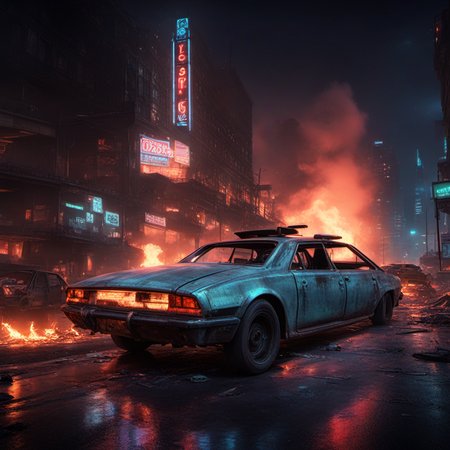 cars  parked on the street burning, shops burning with shattered glass, night time, dystopian sci-fi, cyberpunk, neon signs, 8k, photo realistic, masterpiece, (low angle)
