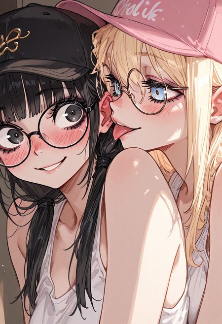 masterpiece, best quality, very aesthetic, absurdres, ambient light, soft light, SagawaStyle, Rapscallionstyle, ma1ma1helmes_b_illu,sketch,
2girls, upper body, close up, girl 1 licking the ear of girl 2, detailed eyes, 
girl 1: side view, blonde, to pink hair, baseball cap, sexy tank top, makeup, lustful smile, 
girl 2: front view, black hair, long taintails, white shirt, glasses, shocked, surprised, red face, blush, 
high detail, soft shadows