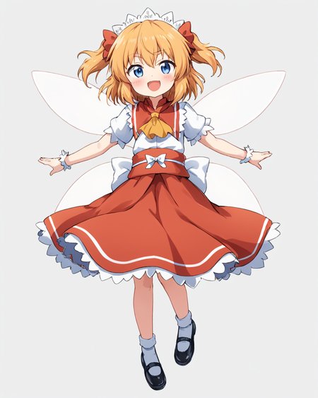 sunny milk,1girl, fang, one_eye_closed, solo, open_mouth, smile, fairy_wings, shoes, yellow_ascot, two_side_up, headdress, dress, short_sleeves, fairy, looking_at_viewer, white_background, black_footwear, full_body, blush, ;d, outstretched_arms, red_skirt, simple_background, white_socks, bow
<lora:sunny_milk_image988_2023-12-20:1>,star-shaped_pupils,symbol-shaped_pupils,. gorgeous,key visual, vibrant, studio anime,award-winning, professional, highly detailed,high budget, cinemascope