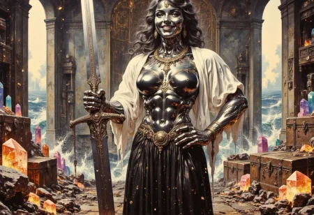 Realistic oil painting of a strong MetalFairy woman,l with metallic chrome skin, She's wearing a black corset with a flowing white blouse over it, a black leather pleated skirt and black leather boots. The womans strong muscular frame grips a huge sword with one hand it's jagged blade glowing faintly with runic etchings. Her expression is that of amusement, her lips curved up in a smirk.  Adorning her incredible muscular breasts are an arrangement of necklaces with ancient symbols. She stands in large room filled with treasure chests filled with gold and massive multicolored crystals, the windows in the room look down towards a raging sea. Her metallic skin sparkles with crystalline dust, and sweat trickles between her large breasts and huge muscles.
