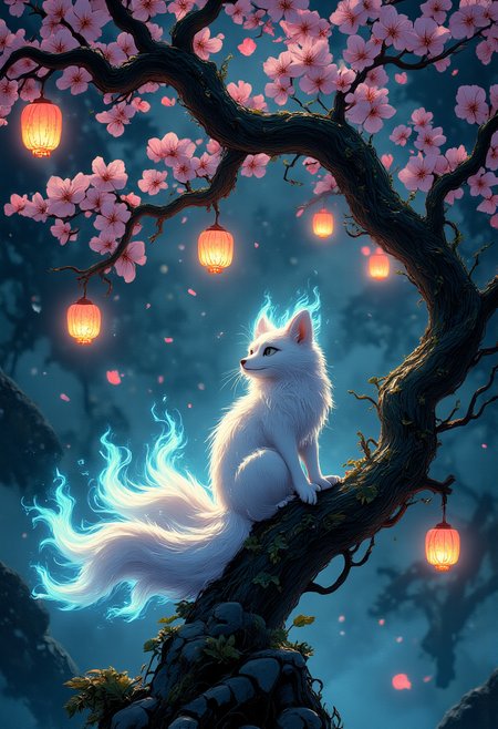 photograph, A curious white fox with six tails tipped in glowing blue flames sits under an ancient, twisted cherry blossom tree. The blossoms float like tiny lanterns, casting an ethereal light onto the forest floor. The scene is dimly lit, with a magical mist weaving through the air, creating a sense of wonder and serenity. Ultra-realistic, 35mm photograph, cinematic lighting, shallow depth of field.  aidmamj6.1