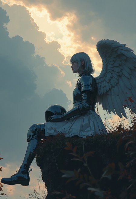 score_9, score_8_up, score_7_up, score_6_up, _Style, masterpiece, high quality, extremely detailed, detailed background, perfect fingers, perfect face, angel girl, duo, perfect face, sun breaking through the clouds, battlefield background, outside, gloomy sky, seated on cliff, swords in the ground, light through the darkness, very beautiful girl, knight boots, very short hair, knight, solo, angel, holding helmet, armor, silver armor, fully covered in armor, solemn, stoic, shining armor, angel wings, wings wrapped around, framed by feathers, realistic, helmet, no face,lighting<lora:Midjourney_Whisper_Minimal:1>,