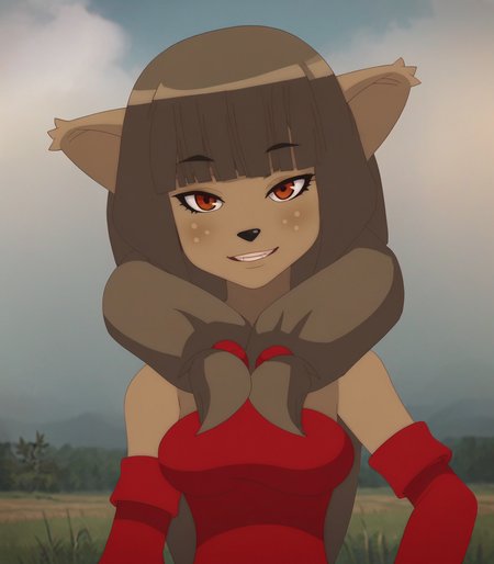 score_8_up, score_7_up, anime screenshot, looking at viewer, (upper body:1.1), (face focus:1.4), 
<lora:Miranda v2:0.8> 1girl, miranda \(wakfu\), animal ears, brown hair, blunt bangs, long hair, red eyes, light freckles, mirandadress, furry, mirandadress, red dress, black long skirt, red detached sleeves, furry, 
BREAK
official wallpaper, sparkle, clouds, grass, meadow, forest, mountain, misty lake, own hands together,