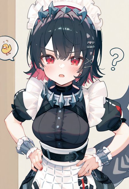 (artist:ningen mame:0.95),artist:ciloranko,(artist:sho \(sho lwlw\):0.95),(tianliang duohe fangdongye:0.91),(eip \(pepai\):0.95),(rukako:0.95),(memmo:0.86),(hoshi \(snacherubi\):0.78),(nibiiro shizuka:0.78),(masterpiece,best quality,ultra_detailed,highres,absurdres:1.2,amazing quality,very aesthetic),<lora:grtw style_noobai_v1-000015:0.8>,grtw,ellen joe,1girl, solo,medium breasts, open mouth, shark girl, ?,serious, blush, hands on own hips, standing,looking at viewer,
