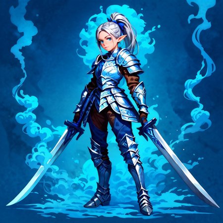score_9, score_8_up, score_7_up, (((whole corps))) solo female, ( long blue ponytail)) ((blue eyes)), elf ears, ((( blue smoke background))), ((silver and black heavy armor)), anime style, (((one visible long swords in each hand))), freckle, looking at viewer, ((full body)),light skin, ((((best quality))))
