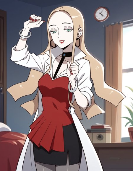 score_9, score_8_up, score_7_up, source_anime, <lora:pokemon-oleana-twilight-wings-ponyxl-lora-nochekaiser:1>, oleana, long hair, blonde hair, green eyes, makeup, half-closed eyes, red lips, forehead,, skirt, shirt, jewelry, pantyhose, earrings, choker, black skirt, bracelet, coat, black choker, blouse, red shirt, red nails, hoop earrings, white coat, grey pantyhose, bedroom, alarm clock, morning routine, yawning, stretching, smile, looking at viewer, solo,, cowboy shot, dutch angle