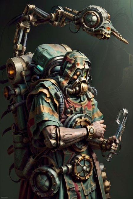 ((masterpiece,best quality)), absurdres, BREAK
mechanical arms, robes, hood, BREAK
((techpriest)), cyborg, mechanical face, mechanical limbs, gas mask, mechanical tentacles, (mechanical backpack), green cloak, BREAK
1other, solo, holding gun, weapon, gun, firearm, BREAK
(ZonaiAI),