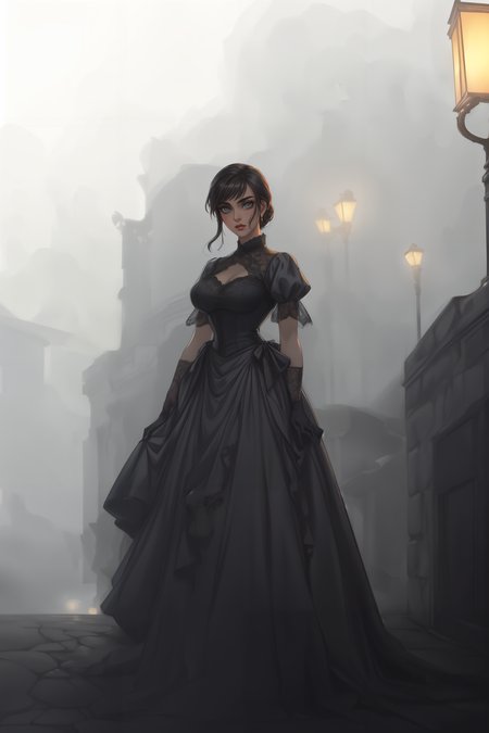 (full body:1.1), 1girl, vintage dress, standing on a Victorian-era street, looking at the viewer, gas street lamps, ((best quality, masterpiece, extreme details):1.2) ((detailed eyes, detailed face):1.2), <lora:add_detail:1> <lora:backlight_slider_v10:-2> <lora:eye_size_slider_v1:2> <lora:eyebrows_slider_v2:3> <lora:age_slider_v2:3>
