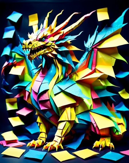 a massive colorful dragon made out of  Jed-StickyN, dynamic pose, fantasy, epic, BREAK, AND, set against a  background made of folded dark blue paper notes, ultra wide shot, zoomed out, side view, 
<lora:StickyNotesStyle:1>,  <lora:add-detail-xl:0.7>,  <lora:sd_xl_dpo_lora_v1:1>, <lora:xl_more_art-full_v1:0.3>,  <lora:SDXLFaeTastic2400:0.4>