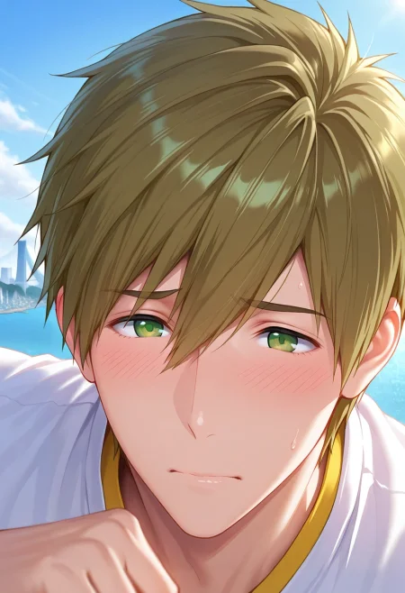 masterpiece, best quality, , (realistic:0.6), , 1boy, solo, male focus, <lora:makoto_tachibana_ilxl:0.9>, makoto_tachibana, brown hair, green eyes, hair between eyes, tachibana makoto, close-up, niagara falls, day, (dynamic pose:1.2), shy, blush, chinos,