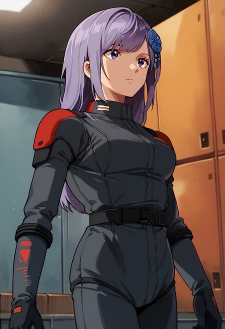 zPDXL3, asano_ruri, purple eyes,  long hair, purple hair, hair ornament,  virtual youtuber,bangs,hair flower, medium breasts,black spacesuit, black gloves,cowboy shot, locker room