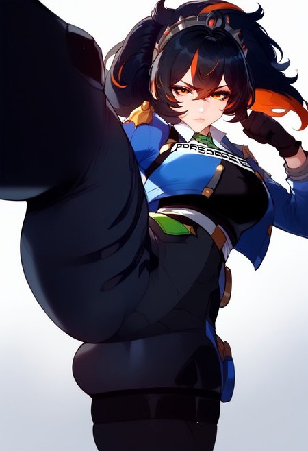 score_9, score_8_up, score_7_up, score_6_up, score_5_up, score_4_up, Expressiveh, lowangleview-3000, 8k, 1girl, beautiful, sexy, cute, highres image, kicking, kicking at viewer, police uniform, blue jacket, long sleeves, black vest, white shirt, collared shirt, green necktie, black gloves, black pants, belt, zhuyuan, ponytail, orange eyes