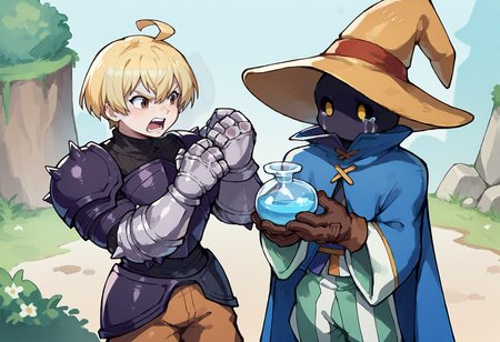 score_9, score_8_up, score_7_up, source_anime, 2boys, outdoors, looking at another, male focus, BREAK angry, shouting, open mouth, <lora:fframza-pdxl-nvwls-v1:0.8>, ramza beoulve, blonde hair, ahoge, brown eyes, short hair, black armor, spiked pauldrons, brown pants, armored boots, gauntlets, hand up,  BREAK <lora:Ziggy-pdxl_Fp:1>, ziggy, yellow eyes, shaded face, faceless, no mouth, wizard hat, striped pants, cloak, robe, brown gloves, blue potion, crying,