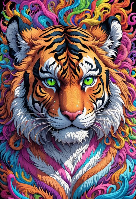 higly detailed, trippy, majestic tiger, colorful, lsd, haigh contrast, wavy fur, liqufy, prismatic