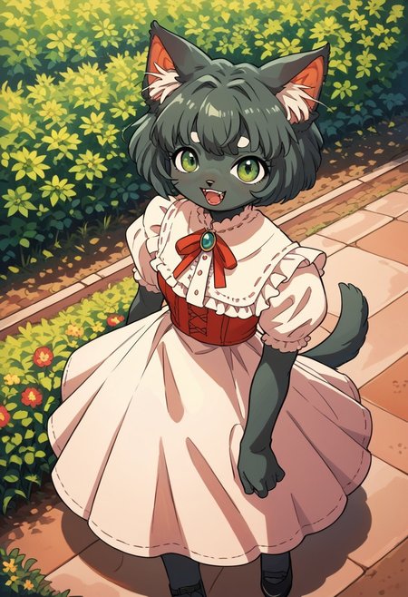 score_9, score_8_up, score_7_up, source anime,
masterpiece, best quality, detailed, amazing quality,
detailed background, park, flowers,
detailed eyes, clean eyes,
dynamic pose, from above,
solo, 
easynegative, 
furry, cat girl, 1girl, happy, dress, pastel colors, green eyes, gray fur,