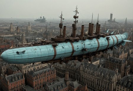 masterpiece, best_quality, very_aesthetic, highres, absurdres, ultra detailed, airship,  battleship, steampunk, Victorian, 
flying over Victorian city,
 airship, vehicle focus, no humans, military vehicle, military, science fiction, aircraft flying, radio antenna, cannon, machinery,rocket launcher,
dark iron, (light blue vehicle), 
spiral, pipe ,rivets, ,wire,