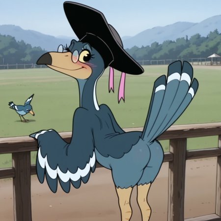 masterpiece, best quality, amazing quality, Magpiebbil, semi-anthro, female, bird, blue feathers, black eyes, yellow sclera, winged arms, glasses, black hat, pink ribbon,  standing, from behind, raised tail, looking back, wink, blush, outside