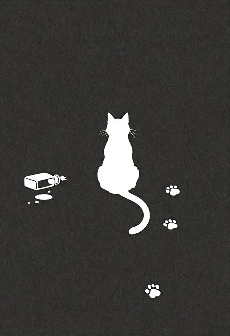 1cat, cat footprints, spilled Ink, fallen ink bottle, flat color, simple design, lineart, silhouette, masterpiece, best quality, amazing quality, very aesthetic, absurdres, newest,