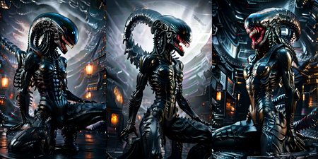 (otherworldly), highly insanely detailed, masterpiece, top quality, best quality, highres, 4k, 8k, RAW photo, (very aesthetic, beautiful and aesthetic), 
__lazy-wildcards/cosplay-char/alien-predator/xenomorph/prompts__, 
<lora:FemXeno:1>, 
(1girl:1.3), eyes focus, 
__lazy-wildcards/dataset/background__,âââ