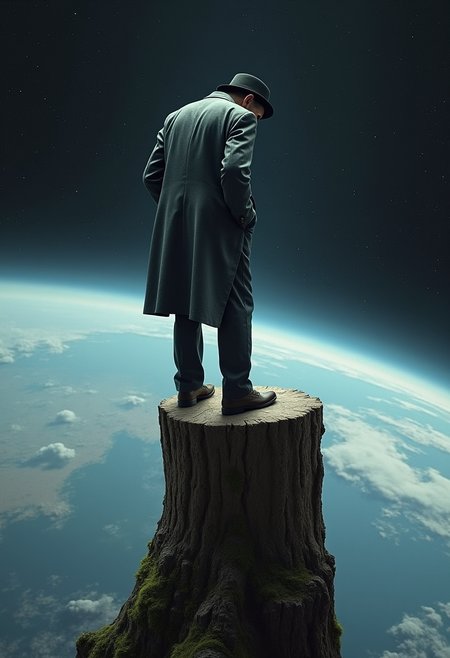 The image you provided is a striking piece of digital art. It features an old  man photographed from the back side leaning forward wearing a suit and a black hat and a classic grey color trench standing on a high tree stump with his hands in the pockets, seemingly suspended above the Earth and looking down at the Earth. The stump is covered with old moss. The background is a vast expanse of earth surface from the space, filled with stars. His face is not visible.

The composition is striking and creates a sense of isolation and introspection. The vertical orientation of the image emphasizes the height and distance from the earth below. The man's small figure against the vastness of the Earth surface further accentuates this feeling of insignificance. The use of a tree stump as his platform adds a touch of surrealism and a connection to nature, despite the cosmic setting.

Color Scheme:

The color scheme is predominantly cool tones, with a dark, almost black background, contrasting with the lighter blues and whites of the Earth and the man's clothing. This creates a sense of contrast and depth, drawing the eye to the central figure. The limited color palette contributes to the overall mood of the image, which is one of solitude and contemplation. 

**Style and Mood:**

The style is a collage masterpiece. The man and the tree stump are rendered realistically, while the background is more abstract, with the Earth and space represented in a simplified way. This contrast creates a dreamlike, almost otherworldly atmosphere. The overall mood is one of isolation and contemplation. The lone figure on the tree stump suggests a sense of detachment from the world below, and the vastness of space emphasizes the smallness of human existence.

**Interpretation:**

The image could be interpreted in various ways. It might symbolize the insignificance of human life in the grand scheme of the universe. Or, it could represent a desire for solitude and introspection. The man's posture, with his head bowed, suggests a sense of humility or perhaps even despair.

**Overall:**

This image is a thought-provoking piece of art that invites the viewer to consider their place in the world. It is a visually striking and emotionally resonant work that will stay with the viewer long after they have looked away.

