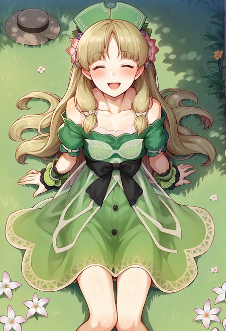 score_9, score_7_up, hd, (ultra hd quality details), source_anime, outdoors, grass, on floor,
solo, 1girl, aaayesha, long hair, hair flower,
ayeshadef, green dress, green shirt, hat, waist bow, wrist cuffs, green skirt, bare shoulders, see-through, 
looking at viewer, blush, closed eyes, open mouth,
sitting, from above, smile,
<lora:_ayesha_altugle-elesico-pony-000011:1>