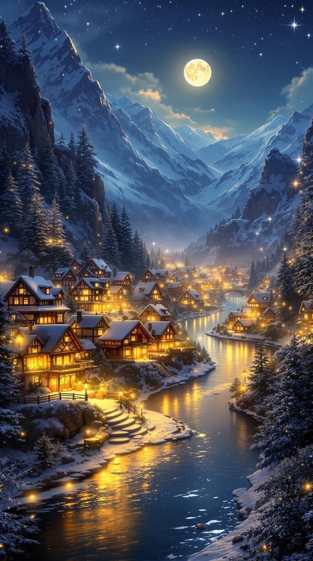 Digital artwork depicting a photography, fantasy village nestled in a mountainous landscape under a starry night sky. The scene is illuminated by warm, glowing lights from the houses, creating a cozy and inviting atmosphere. Snow-capped mountains and a full moon add to the enchanting ambiance. The village is situated along a winding river, with charming, timber-framed houses lining the banks. The image features intricate details, such as twinkling lights and reflections on the water, enhancing the magical feel. The overall color palette is a harmonious blend of deep blues and warm yellows, contributing to the serene and dreamlike quality of the scene.