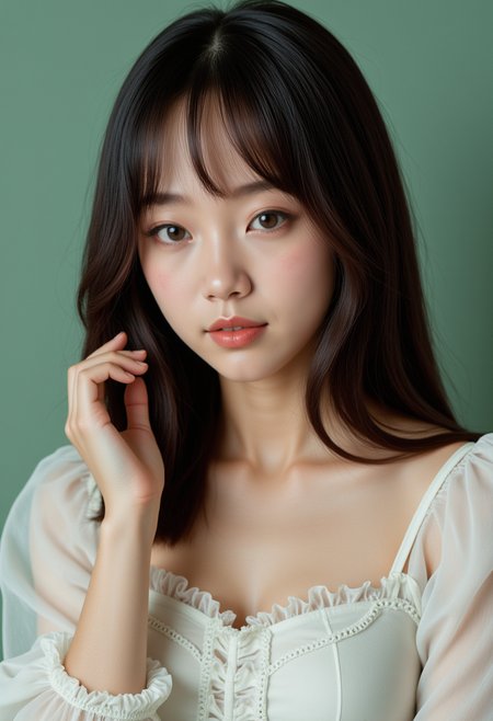 She is approximately 18 years old. Hyperrealism, she is looking at the camera, (dynamic angles), profile headshots of a beautiful, stunning unique female character. She has dark hair. her eyes are filled with joy and excitement, extravagant eyelashes. A photo of Sung_CDC, wearing a white frilly shirt. The woman is posing confidently. simple sage green colored background. She has a slight smile on her face and is looking directly at the camera. making this image a masterpiece of photography and digital art. realistic. making this image a masterpiece of photography and digital art. Style: realistic hyper-detailed rendering, 32k UHD, expressive eyes, punk, graphic design, girl's face, pretty and cute, gleaming lips, telling a tale of adventure. Exuding confidence and serenity. The overall mood of the image is happy and relaxed,detailed skin texture,(blush:0.2),(goosebumps:0.3),subsurface scattering,whimsical,Detailed hand, Perfect hand. Perfection style.