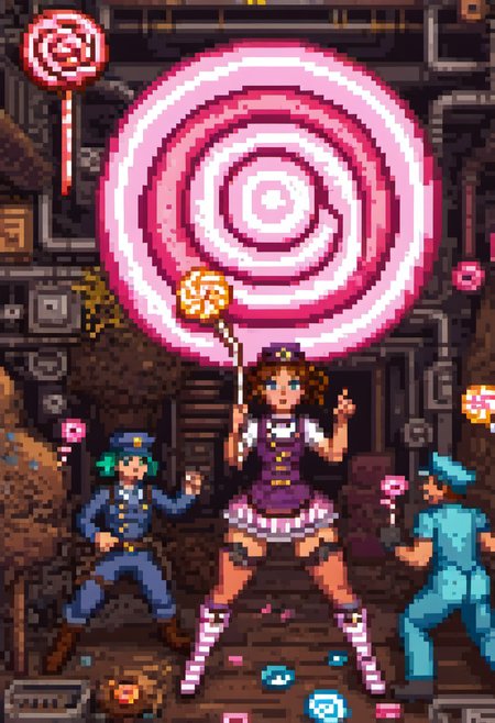 pixel art, digital art, A chaotic industrial scene where oversized lollipops explode into kaleidoscopic shards, workers in candy-striped uniforms scramble to contain the mess. The style combines steampunk aesthetics with vivid neon colors, creating an energetic and humorous tableau that critiques industrial excess and its consequences.