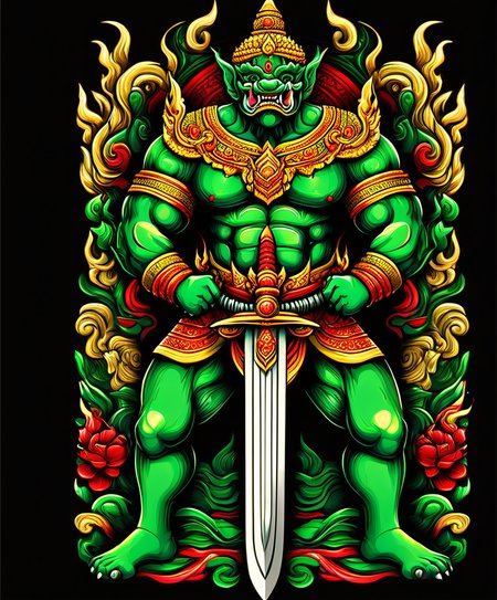 thai ogre style, giant,,  holding a sword, colors green red and gold, a sexy lady behind it, extremely detailed, digital art, t-shirt design, dark blackground <lora:thai ogre_style:0.75>