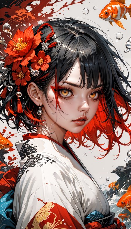 score_9, score_8_up, score_7_up,  black background,simple background,Volumetric Lighting,looking at the viewer,glowing,1girl,fish,goldfish,black hair,bubble,yellow eyes,solo,makeup,multicolored hair,short hair,japanese clothes,kimono,eyeshadow,koi,red hair,flower,black kimono,streaked hair,upper body,parted lips,air bubble,tattoo,grey background,red flower,eyeliner,white border, black and red theme, monochrome, greyscale,   <lora:Expressive_H-000001:0.8>, expressiveH <lora:MythM4ngaStyle:0.9> <lora:Pony_DetailV1.0:0.9>