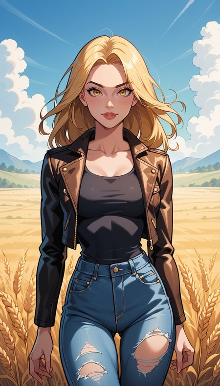 score_9, score_8_up, score_7_up, Western Comics, Cowboy Shot, Belén Rodríguez, cute, seductive, innocent, light smile:0.3, plump lips, slender body, long, straight hair, wearing leather jacket and ripped jeans, picturesque, sharp, colorful, ultra blue and yellow, dim colors, wheat field background, depth of field, dynamic angle, fashion photography, sharp, hyperdetailed:1.15
