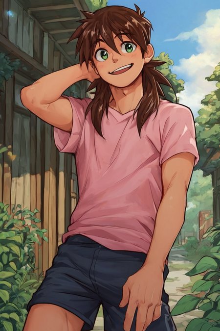 score_9, score_8_up, score_7_up, Jasdavi style, 1boy, solo,brown hair, long hair, pink t shirt, shorts, green eyes, smile, outdoors,  <lora:Jasdavi_style5:0.8>