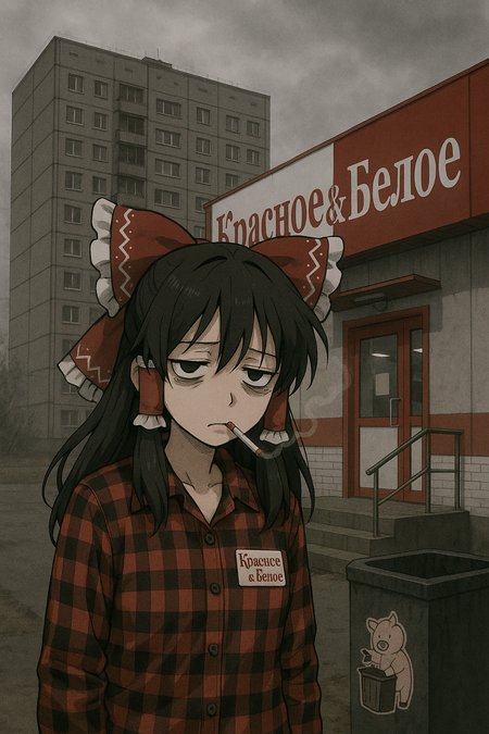 Under a grey, overcast sky, a Soviet-era panel apartment building looms in the background. The foreground features the entrance to a "Krasnoe & Beloe" convenience store, its large red-and-white sign contrasting with the drab surroundings. A nearby trash bin has a sticker of a cartoon pig throwing garbage away. The entire scene is steeped in a bleak, urban monotony. In front of it all stands Reimu Hakurei from the Touhou Project, visibly exhausted and smoking a cigarette. She’s wearing a red-and-black plaid shirt with a "Krasnoe & Beloe" employee badge pinned to it, blending into the dull Soviet atmosphere.