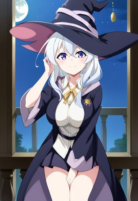 (score_9:0.9),score_8_up,score_7_up,rating_safe,anime style,(zPDXL),masterpiece, anime coloring) rating_safe, anime style, anime_screencap, source_anime,
BREAK source_anime, anime, best quality, masterpiece, rating_safe, uncensored, High quality, 8k, Ultra, 
BREAK (Balcony, night sky, moon, wind),
BREAK  1girl, Elaina_(Majo_no_Tabitabi), long_hair, hair_between_eyes, blue_eyes, purple_eyes, white_hair, ahoge, braid,
ong_hair, hair_between_eyes, blue_eyes, purple_eyes, white_hair, braid, witch_hat, black_headwear, yellow_ribbon, neck_ribbon, white_shirt, collared_shirt, black_robe, open_robe, hooded_robe, wide_sleeves, long_sleeves, black_skirt, jewelry, pendant,
BREAK  ((cowboy shot)),(leaning forward),(hand in own hair),(hand between legs),(from below),
busty breasts,
(large breasts:1.2),looking at viewer, smile,