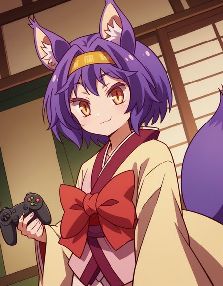score_9, score_8_up, score_7_up, source_anime, <lora:izuna-hatsuse-s1-ponyxl-lora-nochekaiser:1>, izuna hatsuse, short hair, animal ears, purple hair, hairband, animal ear fluff, fox ears, slit pupils, yellow eyes,, bow, tail, japanese clothes, wide sleeves, kimono, fox tail, short kimono,, living room, video game, controller, competitive, fun, afternoon, , looking at viewer, smile, from below, solo,, cowboy shot, dutch angle