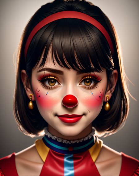 Masterpiece, high quality, 4K, beautiful design, shiny, from the front, award winning photo, extremely detailed, amazing, fine detail, absurdres, highly detailed woman, extremely detailed eyes and face, by lee jeffries nikon d850 film stock photograph 4 kodak portra 400 camera f1.6 lens rich colors hyper realistic lifelike texture dramatic lighting unrealengine trending on artstation cinestill 800 tungsten, solo, 1girl, smiling, excited,sexy,
 <lora:Clussy:0.8>, clussy, a woman dressed in a costume with a clown face , wearing clussy, red clown nose