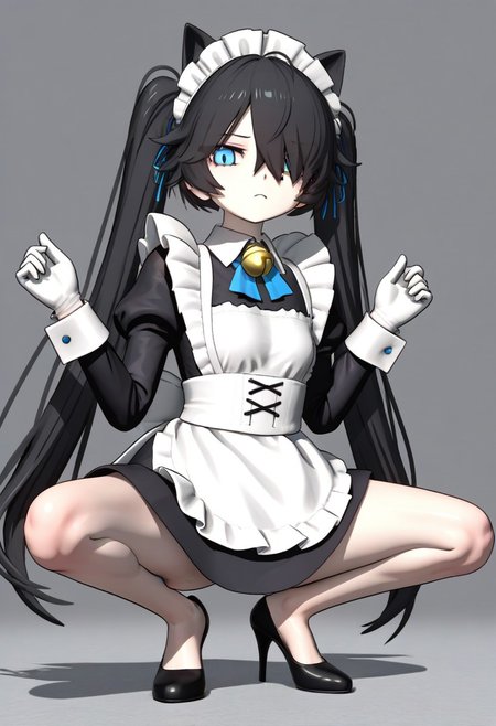 (3D),((((MMD)))),(Maid-kasli), solo, white gloves, dress, hair over one eye, maid apron, blue eyes, twintails, cat ears, maid headdress, maid, gloves, 1girl, apron, juliet sleeves, long sleeves, long hair, black hair, animal ears, bell,(Fall down),(squatting down, heels touching each other, legs fully extended outward)
