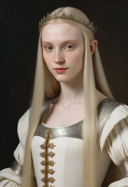 Portrait of an Elf Queen by Caravaggio, very pale skin, very long straight pale hair, 
wearing a Renaissance fashion knght's armor, 
very long golden hair with silver highlights, kind face, inside a citadel,