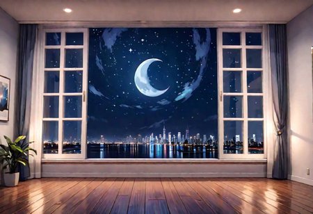 ((((front view)))), Shallow scene, ((animation style)), (((City high-rise building scenery))), ((((City scenery outside the window)))), ((sense of mystery)), (night), starry sky, moonlight, (weak light), (Facing the window), (open window), modern-style interior, Wooden floor, with white walls, (large windows), a living room, sofa and coffee table by the window sill,  (((Sofa placed horizontally))), (Behind the sofa is the window sill),