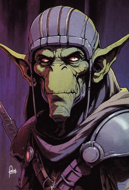 Frank Frazetta fantasy oil painting with 90s retro futuristic anime elements without noise or comic halftone effect. A  character with distinct goblin-like features, including green skin, exaggerated ears that point outward, and a long, sharp nose. The character's head is covered with a helmet or headgear with sharp, angular lines and grooves that partially obscure their eyes, giving a somewhat robotic or armored appearance. The expression is neutral, with eyes closed or barely visible beneath the headgear.
The character’s posture appears relaxed, with a slight smirk, hinting at a calm or content mood. The background is shaded with darker tones, and the scene seems to be set indoors or in a confined space, perhaps a room or cave. The lighting casts deep shadows, adding contrast to the figure’s facial features and the overall atmosphere. The color palette is a combination of muted tones with purples, greens, and dark hues, giving a slightly mysterious or somber feel to the image. The composition is dominated by cool tones, with a muted, slightly gritty texture that enhances the gritty, medieval fantasy atmosphere.